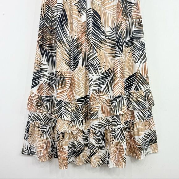 Robert Louis White Brown Tropical Palm Leaf Print Iered Ruffle Maxi Skirt NEW - Picture 4 of 13